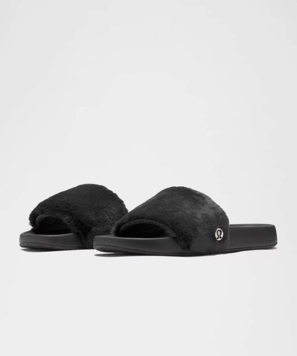 LULULEMON Restfeel Faux Fur Slide Black Size 8 NWOT Recovery Sandal